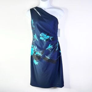 Rickie Freeman For Teri Jon Dress Women 18 Blue Floral One-Shoulder Sheath NWT